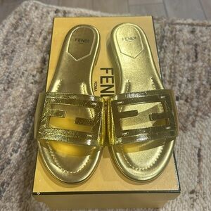 Gold Leather Fendi Slides